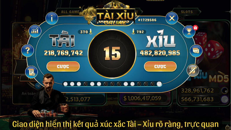 Giao diện hiển thị kết quả xúc xắc Tài – Xỉu rõ ràng, trực quan